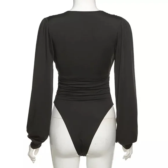 Black Deep V Neck long sleeve Bodysuit - Picture 4 of 14